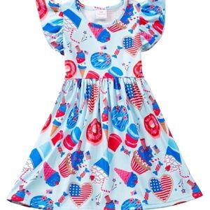 Girls' Light Blue Patriotic Candy Print Flutter Sleeve Dress NWOT Summer